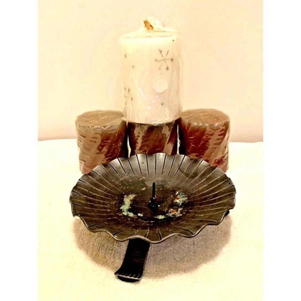 VINTAGE CANDLE STAND 3 FOOTED WITH 4 NEW CHRISTMAS CANDLES ~ MADE IN AUSTRIA